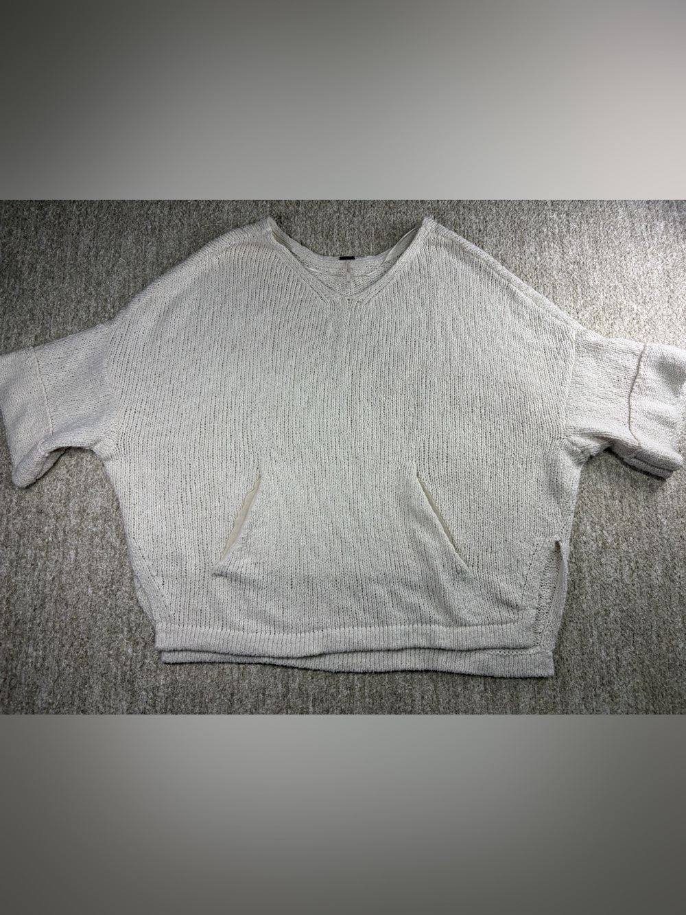 Free People Cream V-Neck Knit Pullover with Front Pocket